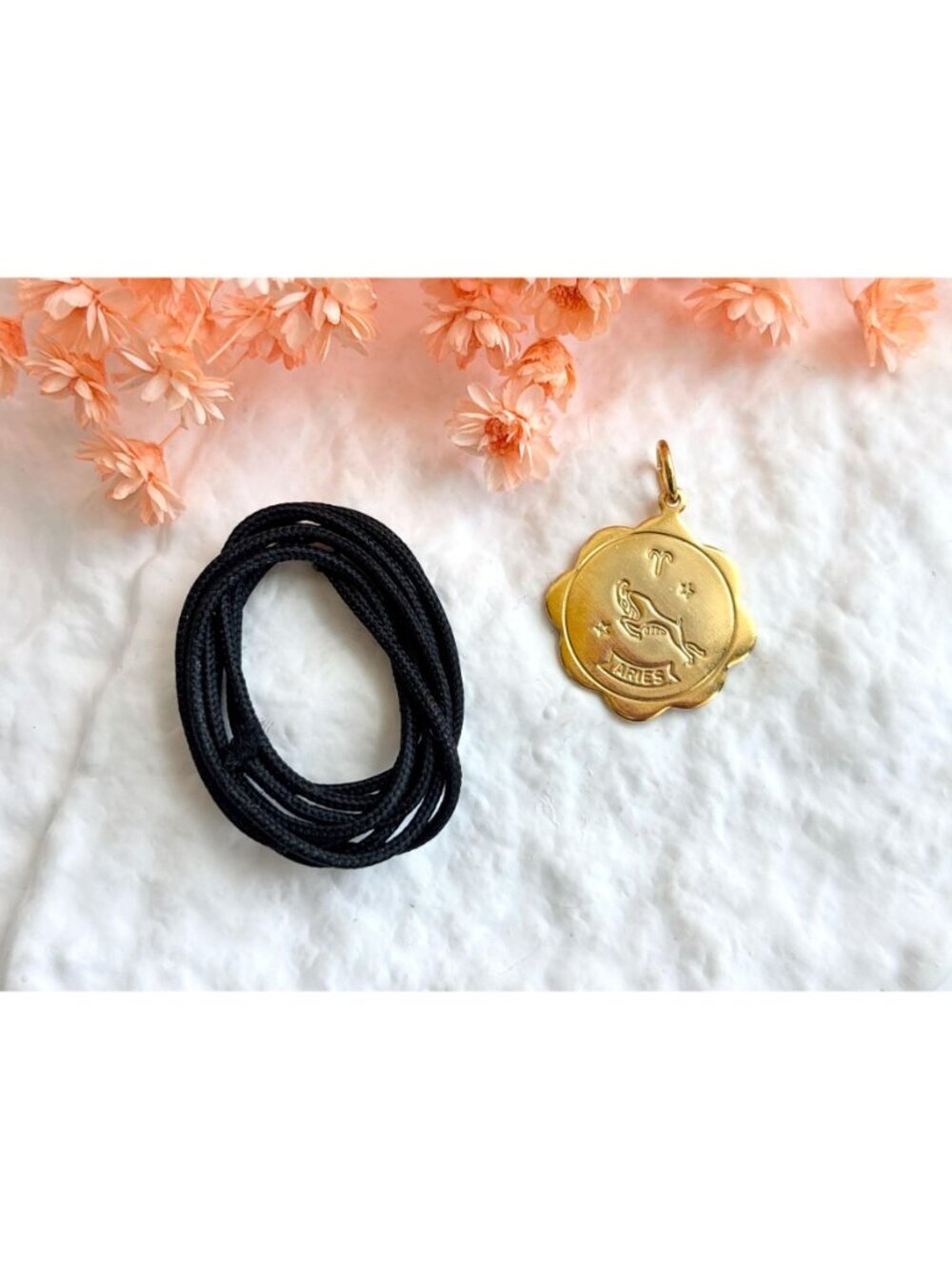 Aries Zodiac Scalloped Gold Toned Vintage Pendant Necklace w/ Black Rope - 26" - Picture 2 of 16
